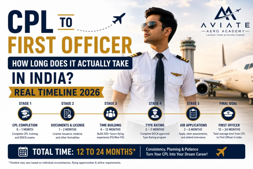 Infographic by Aviate Aero Academy explaining the journey from CPL (Commercial Pilot License) to becoming a First Officer in India. The graphic outlines six stages: CPL completion, document verification and licensing, time building, type rating, job applications, and First Officer, with an estimated total timeline of 12–24 months. A pilot in uniform stands in front of an airport runway and aircraft.