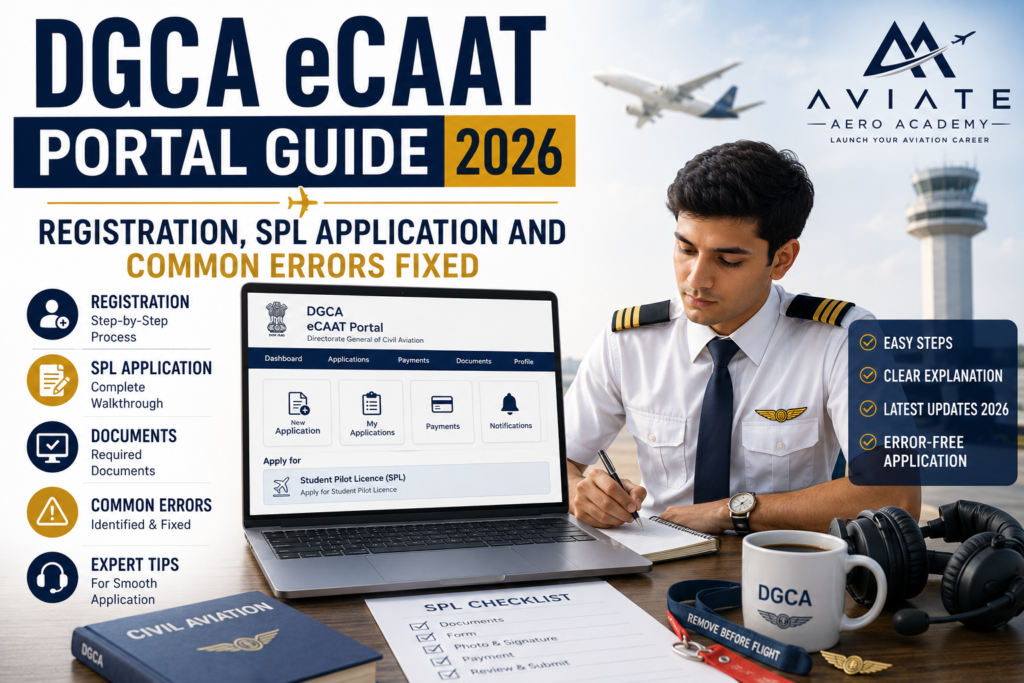 A promotional banner for Aviate Aero Academy's DGCA eCAAT Portal Guide 2026, featuring a trainee pilot, DGCA eCAAT portal interface, and guidance on registration, SPL application, required documents, common errors, and expert tips.