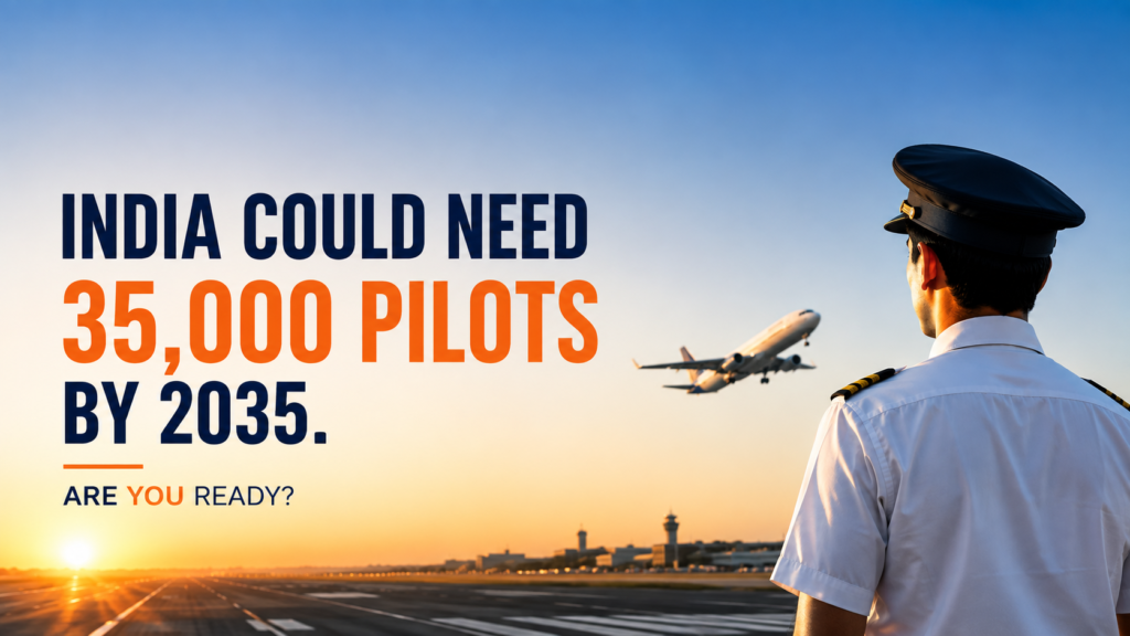 A commercial pilot standing on an airport runway at sunset with an aircraft taking off in the background. Text reads, “India Could Need 35,000 Pilots by 2035. Are You Ready?