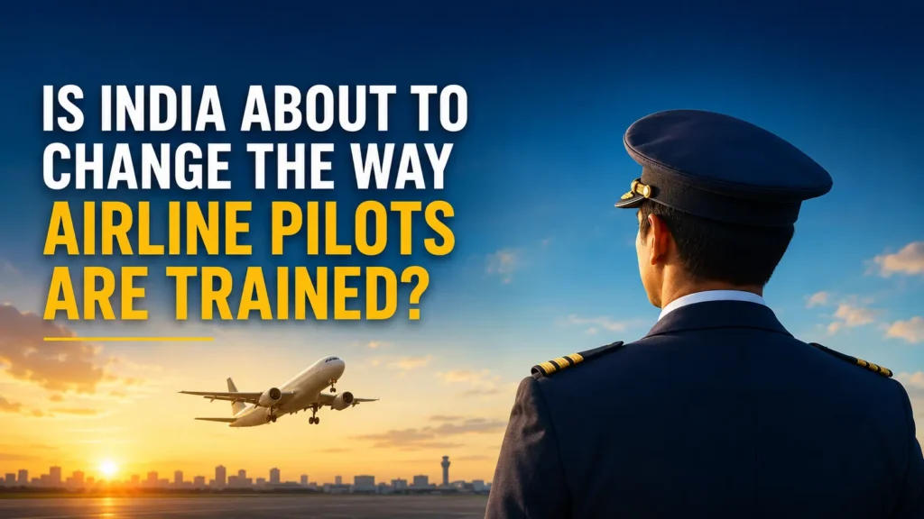 A commercial airline pilot viewed from behind overlooking an airport runway at sunset, with a passenger aircraft approaching and headline text asking, “Is India About to Change the Way Airline Pilots Are Trained?