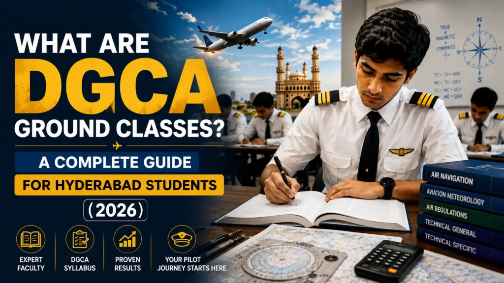 Aviate Aero Academy DGCA Ground Classes guide for Hyderabad students, featuring a pilot student studying aviation subjects, aircraft, and Hyderabad landmarks.