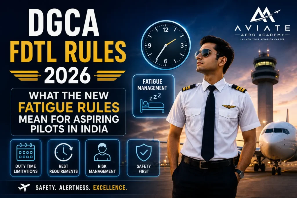 A promotional graphic by Aviate Aero Academy featuring a commercial pilot standing at an airport beside an aircraft and control tower, highlighting the DGCA FDTL Rules 2026. The design emphasizes fatigue management, duty time limitations, rest requirements, risk management, and aviation safety.